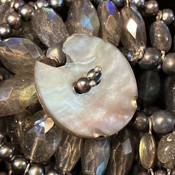 Vintage Labradorite Beaded 3 Row Cuff Bracelet MOP Abalone Button Closure 6.5” - Picture 5 of 6